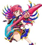  :d aikatsu! aikatsu!_(series) bass_clef beamed_eighth_notes belt chain choker clothes_writing cowboy_shot earrings eighth_note english eyelashes gloves grin guitar happy instrument jewelry knees leg_up long_hair looking_at_viewer midriff music musical_note nail_polish navel open_mouth orange_eyes otoshiro_seira pink_hair playing_instrument ribbon shiny shiny_skin shirt simple_background sinko_(sinsin) skirt smile solo standing teeth treble_clef white_background 