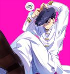  bad_id bad_pixiv_id black_hair closed_eyes comb combing expressionless foreshortening gotnojob hunter_x_hunter jacket knuckle_bine male_focus military military_uniform pants pink_background pompadour school_uniform shoes simple_background solo speech_bubble spoken_squiggle squiggle uniform white_legwear 