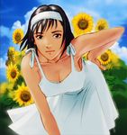  bare_shoulders bent_over breasts cleavage collarbone day dress field flower flower_field hairband hand_on_hip kawano_takuji kazama_jun large_breasts lips mature namco official_art short_hair solo sundress sunflower tekken tekken_tag_tournament textless white_dress 