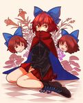  boots bow cape checkered checkered_floor cross-laced_footwear hair_bow open_mouth red_eyes red_hair red_skirt sekibanki short_hair sitting skirt solo touhou uma_(ninjin_misaki) wariza 