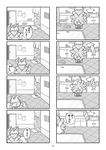  4koma chikuwabu comic fish flying_fish greyscale hat kitchen monochrome plate pot tail touhou translation_request yakumo_ran 