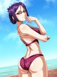  ass black_hair braid breasts casual_one-piece_swimsuit day folded_ponytail glasses hand_on_hip large_breasts monteriakitto ocean one-piece_swimsuit purple_eyes purple_hair purple_swimsuit red-framed_eyewear ridget_(suisei_no_gargantia) short_hair sky solo suisei_no_gargantia swimsuit 