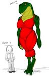  amphibian anklet anthro black_eyes comparing directional_arrow duo female frog green_skin heartman98 hoodie human looking_down macro mammal orange_sclera plain_background red_dress size_difference standing text white_background 
