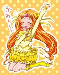  blush boots bow bubble_skirt choker closed_eyes cure_muse_(yellow) dress eyelashes hair_ornament hair_ribbon kagami_chihiro knee_boots kneehighs long_hair magical_girl open_mouth orange_hair precure ribbon shirabe_ako sitting skirt solo suite_precure translation_request yellow_bow yellow_choker yellow_dress yellow_skirt 