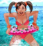  2004 bangle bikini bracelet breasts brown_hair cleavage innertube jewelry kawano_takuji large_breasts ling_xiaoyu looking_at_viewer ocean official_art open_mouth pink_bikini plaid short_twintails side-tie_bikini smile solo swimsuit tan tekken twintails 