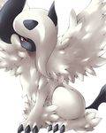 gen_3_pokemon hair_over_one_eye horn mega_absol mega_pokemon no_humans pokemon pokemon_(creature) red_eyes simple_background sitting solo tail white_background xayux 