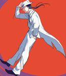  bad_id bad_pixiv_id black_hair fedora formal full_body fullmetal_alchemist gotnojob hand_in_pocket hat long_hair long_sleeves male_focus necktie pants ponytail purple_neckwear red_background shoes simple_background solf_j_kimblee solo standing suit white_suit 