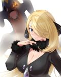  1girl absurdres aowa_(dakahi1009) black_coat black_nails blonde_hair blue_eyes breasts cleavage closed_mouth coat commentary_request cynthia_(pokemon) eyelashes fur-trimmed_coat fur_collar fur_trim garchomp glowing glowing_eyes hair_ornament hair_over_one_eye hand_up highres long_sleeves nail_polish partial_commentary pokemon pokemon_(creature) pokemon_(game) pokemon_dppt smile upper_body v-neck white_background 