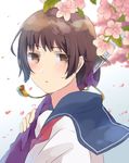  :o branch brown_eyes brown_hair character_request cherry_blossoms copyright_request expressionless flower holding holding_sword holding_weapon looking_at_viewer no_pupils parted_lips plant school_uniform serafuku sheath shirota69 short_hair solo sword weapon weapon_bag white_background 