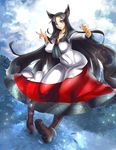  animal_ears breasts brooch brown_hair dress fingernails imaizumi_kagerou jewelry large_breasts long_hair long_sleeves open_mouth red_eyes solo touhou umigarasu_(kitsune1963) wide_sleeves wolf_ears 