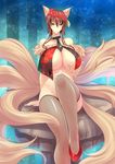  animal_ears bare_shoulders breasts brown_eyes convenient_leg fishnet_legwear fishnets fox_ears fox_tail haganef huge_breasts long_hair looking_at_viewer multiple_tails no_panties original red_eyes smile solo tail thighhighs 