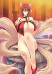  animal_ears bare_shoulders breasts brown_eyes convenient_leg fox_ears fox_tail haganef huge_breasts legs long_hair looking_at_viewer multiple_tails no_panties original red_eyes smile solo tail thighs 