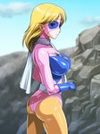  ass battle_fever_j blonde_hair blue_leotard breasts gloves large_breasts leotard long_hair mask miss_america monteriakitto pantyhose pink_leotard rock scarf solo super_sentai superhero 