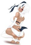  absol ass barefoot black_hair blush breasts dark_skin full_body gen_3_pokemon highres large_breasts long_hair multicolored_hair natsuki_straight open_mouth personification pokemon red_eyes side_ponytail simple_background soles solo squatting tail thighhighs toeless_legwear two-tone_hair white_background white_hair white_legwear 