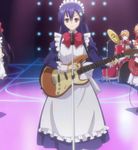  4girls apron band bass_guitar blue_hair brown_eyes crossdressing date_a_live drum guitar highres instrument itsuka_shidou itsuka_shiori long_hair maid maid_apron maid_headdress multiple_girls otoko_no_ko screencap solo_focus yamai_kaguya yamai_yuzuru yatogami_tooka 