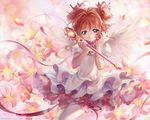  brown_hair card_captor_sakura cherry_blossoms dress green_eyes kaze-hime kinomoto_sakura petals wand wings 