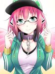  alternate_costume aqua_eyes baseball_cap bespectacled black-framed_eyewear blush breasts chain cleavage collar glasses hat headphones headphones_around_neck ikaros jacket kachirou large_breasts light_smile looking_at_viewer pink_hair short_hair solo sora_no_otoshimono track_jacket wings 