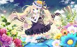  blonde_hair blue_eyes boots dress e-nya elbow_gloves flowers hat leaves long_hair original thighhighs twintails 