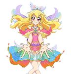  aikatsu! aikatsu!_(series) blonde_hair bracelet collarbone crossed_legs dress earrings eyelashes feet_out_of_frame gem hair_ornament happy head_tilt heart hoshimiya_ichigo jewelry knees_together_feet_apart long_hair looking_at_viewer necklace outstretched_arms palms pendant pink_dress red_eyes simple_background sinko_(sinsin) smile solo standing white_background 