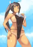  areola_slip areolae bikini_tan black_hair breasts cloud day green_eyes hand_on_hip homura_(senran_kagura) jack_hamster large_breasts looking_at_viewer nipples ponytail senran_kagura senran_kagura_shoujo-tachi_no_shin'ei sky smile solo tan tanline 