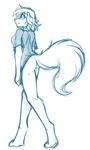  blush bottomless butt canine clothed clothing digitigrade dog ears_down evals female fluffy_tail fur hair hindpaw keidran looking_back mammal pawpads paws plain_background shirt sketch solo standing tom_fischbach twokinds unknown_artist white_background 