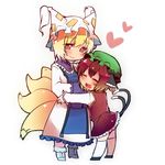  animal_ears blonde_hair blush brown_hair cat_ears cat_tail chen earrings fox_ears fox_tail hat heart hug jewelry kona_sleipnir multiple_girls multiple_tails nekomata short_hair smile tail touhou two_tails yakumo_ran 