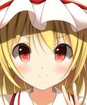  blonde_hair blush close-up closed_mouth face flandre_scarlet hat highres kuroganeruto red_eyes solo touhou v 