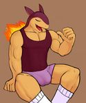  arm_support biceps brown_background brown_backgroundbulge bulge clothing eyes_closed fire flaccid fur hairless hicanyoumooforme male mammal muscles mustelid nintendo open_mouth pecs penis plain_background pointing pok&#233;mon pok&eacute;mon shiny_pok&#233;mon shirt sitting socks tank_top tight_clothing typhlosion video_games yellow_fur 
