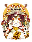  :3 bell black_nails building chin_rest dollar_bill earrings geta gold grin japanese_clothes jewelry koban_(gold) male_focus maneki-neko money nail_polish necklace original red_hair rope shimenawa sign sitting sleeves_past_wrists smile solo statue tomowaka turtleneck 