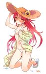  arm_up bikini blush flat_chest full_body groin halterneck hand_on_headwear hat highres kneeling long_hair long_sleeves looking_at_viewer mahou_shoujo_madoka_magica navel off_shoulder red_eyes red_hair sakura_kyouko sandals simple_background solo straw_hat sun_hat swimsuit white_background white_bikini yutsumoe 