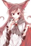  animal_ears blood blood_splatter brooch brown_eyes brown_hair chachi_(azuzu) fingernails highres imaizumi_kagerou jewelry long_fingernails long_sleeves looking_at_viewer nail_polish red_nails shirt simple_background skirt solo tail touhou white_background wide_sleeves wolf_ears 