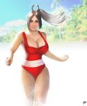  beach breasts brown_eyes brown_hair cleavage daniel_fernando_sanchez day highres huge_breasts lips long_hair looking_at_viewer one-piece_swimsuit ponytail red_swimsuit revision running shiranui_mai smile solo swimsuit the_king_of_fighters 