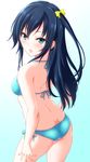  aqua_bikini aqua_eyes ass bangs bare_arms bare_shoulders bikini blue_bikini blue_eyes blue_hair cowboy_shot dimples_of_venus foreshortening from_behind gradient gradient_background lips long_hair looking_at_viewer looking_back one_side_up original parted_lips shouji_nigou side-tie_bikini simple_background solo swimsuit tei-oh! 