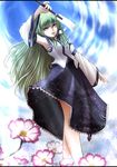  arm_up armpits detached_sleeves flower frog_hair_ornament from_below gohei green_eyes green_hair hair_ornament highres kochiya_sanae long_hair looking_at_viewer looking_down nuka_(nvkka) open_mouth outdoors sarashi skirt sky snake_hair_ornament solo touhou upskirt very_long_hair 