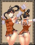  abs ass back black_hair bracelet chinese_clothes dress fighting_stance hair_ornament highres impossible_clothes jewelry ling_xiaoyu orange_shirt panties shirt short_dress shunzou sleeveless smile tekken thigh_gap tight_dress twintails underwear white_panties 