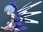  alternate_wings barefoot blue_dress blue_eyes blue_hair bow cirno dress full_body grey_background gundam gundam_age gundam_age-fx hair_bow indian_style mechanical_wings puffy_short_sleeves puffy_sleeves shirt short_sleeves simple_background sitting solo touhou wings yudepii 