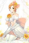  bad_id bad_pixiv_id banned_artist blush bouquet dress flower hoshizora_rin kneeling looking_at_viewer love_live! love_live!_school_idol_project love_wing_bell okia orange_hair short_hair smile solo thighhighs yellow_eyes 