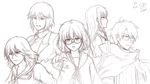  2boys 3girls aoki_hagane_no_arpeggio artist_name blazer chihaya_gunzou cloak coppelion crossover glasses kill_la_kill kuriyama_mirai kyoukai_no_kanata light_smile log_horizon long_hair looking_at_viewer looking_away lurxneat matoi_ryuuko monochrome multiple_boys multiple_girls naruse_ibara neckerchief necktie outstretched_arm parted_lips pointing pointing_at_viewer sailor_collar school_uniform season_connection senketsu shiroe signature simple_background sketch white_background 