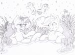  apple_bloom_(mlp) applejack_(mlp) black_and_white duo equine female freckles friendship_is_magic grass horn horse joey-darkmeat jumping lily_pad mammal monochrome moon my_little_pony night plant pony rarity_(mlp) reed rock sitting sweetie_belle_(mlp) unicorn water wet_hair 