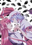  bat_wings belt blush bow breasts dress hakomaru_(pandora_box) hat head_wings highres koakuma large_breasts leaf long_hair multiple_girls necktie open_mouth orange_eyes pointy_ears red_eyes red_hair remilia_scarlet short_hair touhou wings yuri 