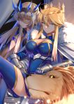  2girls absurdres armor artoria_pendragon_(all) artoria_pendragon_(lancer) bangs blonde_hair blue_legwear braid breasts cape cleavage closed_mouth commentary_request eyebrows_visible_through_hair fate/grand_order fate_(series) french_braid fur-trimmed_cape fur_trim gauntlets gold_trim hair_between_eyes highres large_breasts legs_crossed lion looking_at_viewer mordred_(fate) mordred_(fate)_(all) morgan_le_fay_(fate) multiple_girls parted_lips sidelocks sitting thighhighs thighs wife_and_wife yellow_eyes yorukun 