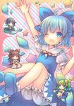  ahoge bloomers blue_eyes blue_hair bow brown_eyes brown_hair cirno daiyousei dress frilled_shirt frilled_shirt_collar frilled_skirt frilled_sleeves frills green_eyes green_hair hair_bow hair_ribbon hair_tubes hakurei_reimu hand_up head_fins ice ice_wings large_bow long_hair looking_at_viewer mermaid monster_girl multiple_girls one_eye_closed pjrmhm_coa puffy_sleeves purple_eyes ribbon shirt short_hair short_sleeves side_ponytail skirt solo_focus star starry_background touhou underwear wakasagihime wings 