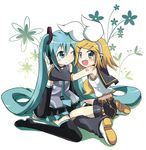  aqua_eyes aqua_hair bad_id bad_pixiv_id blonde_hair fang hair_ornament hair_ribbon hairclip hatsune_miku headphones headset hug kagamine_rin kneeling long_hair massala multiple_girls ribbon shorts thighhighs twintails very_long_hair vocaloid 