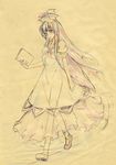  book dress h-new hat kamishirasawa_keine long_hair see-through sketch solo touhou traditional_media walking 