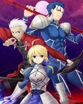  2boys akiha_(ominaeshi) archer armor artoria_pendragon_(all) bad_id bad_pixiv_id bow_(weapon) fate/stay_night fate_(series) full_moon gae_bolg highres lancer moon multiple_boys polearm saber spear weapon 