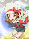  blush breasts brown_eyes brown_hair cabbie_hat chikorita cleavage gen_2_pokemon gouguru hat hat_ribbon holding kneehighs kotone_(pokemon) medium_breasts overalls pokemon pokemon_(creature) pokemon_(game) pokemon_hgss red_ribbon ribbon short_twintails smile socks thighhighs twintails 