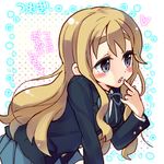  bent_over blonde_hair blue_eyes eyebrows halo_(artist) k-on! kotobuki_tsumugi long_hair school_uniform solo translated 