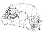  azito7 bad_id bad_pixiv_id blanket book braid couch eyewear_removed glasses greyscale hat kirisame_marisa long_hair monochrome multiple_girls patchouli_knowledge short_hair sleeping touhou 