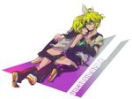  1girl ahoge aqua_eyes blonde_hair brother_and_sister butt_crack girl_on_top hair_ribbon headphones holding_hands incest kagamine_len kagamine_rin lying mattie migikata_no_chou_(vocaloid) on_back ribbon shorts siblings twincest twins vocaloid 