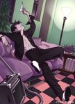  abs araragi_koyomi bakemonogatari bedroom checkered lamp male_focus monogatari_(series) official_art open_clothes open_shirt paper_airplane shirt solo watanabe_akio 